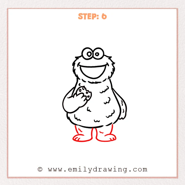 how to draw a cookie monster - Cookie Monster drawing with two short legs and large flat feet added beneath the rounded body, including simple toe lines.
